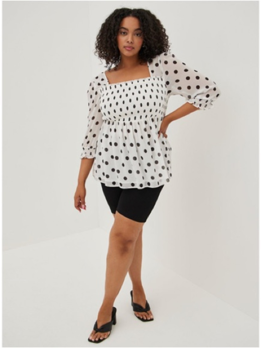 Torrid Polka Dot Babydoll Chiffon Smocked 3/4 Sleeve Top White Black Size 3X